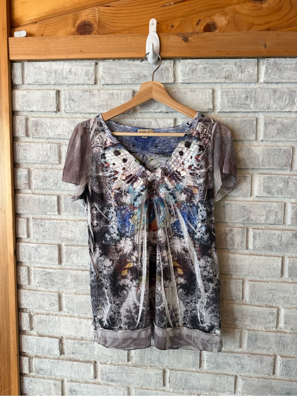 Boho Butterfly Print V-Neck fairy top - Gray/Multicolor